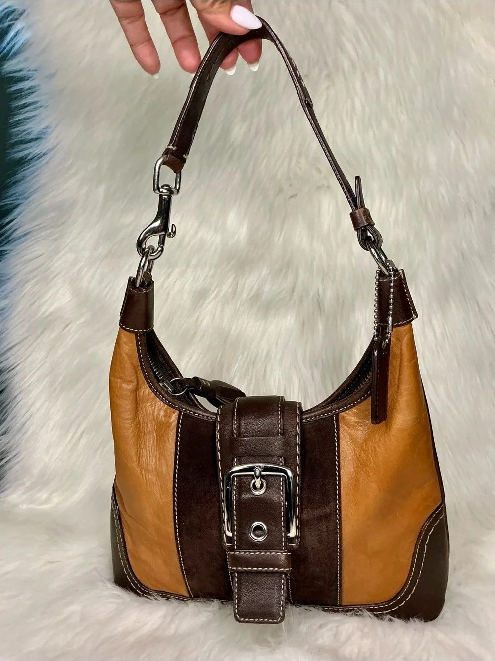 Coach Hampton Brown Suede Leather Hobo Purse Silver Buckle F11344 Y2K Vintage
